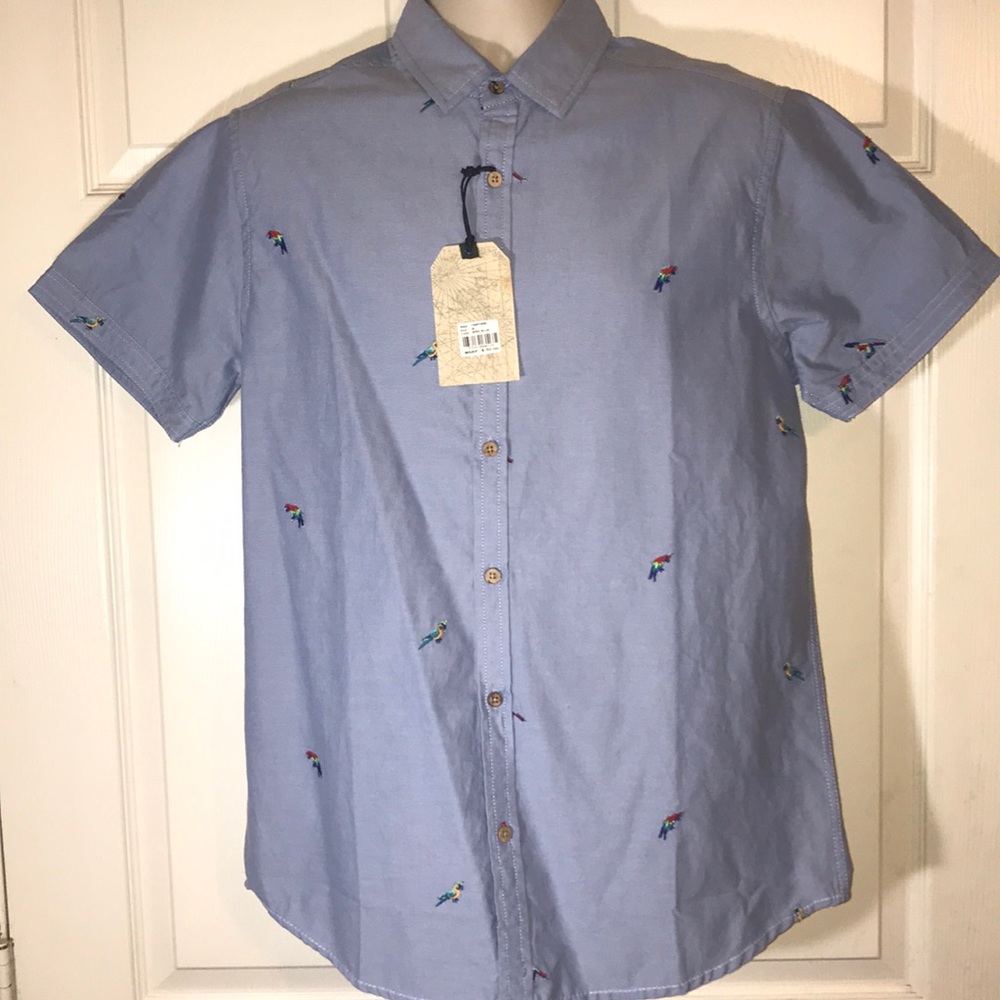 Free planet bird blue medium button down shirt